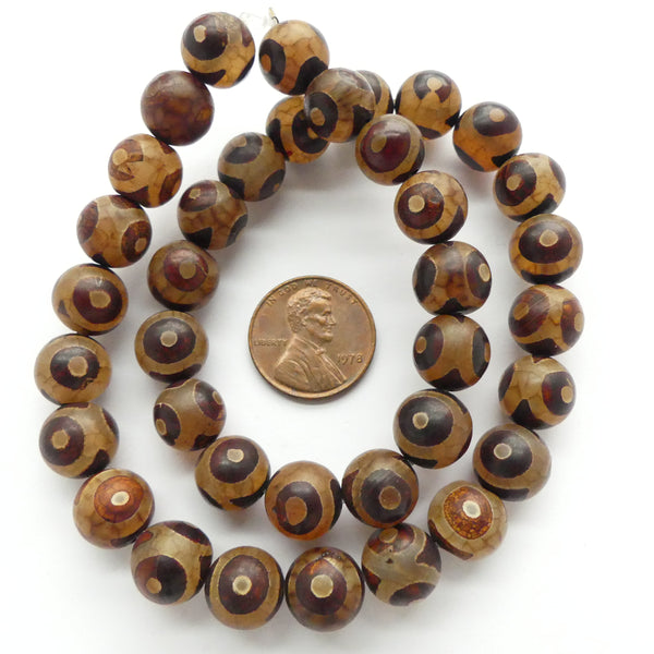 Agate, Antique-Look Eye Beads, Round, 10mm on 14" Strands