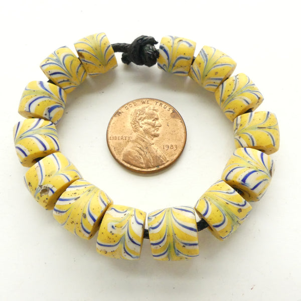 Yellow Antique Venetian Lampwork, Rare Matched Set of 14 Feathered Beads