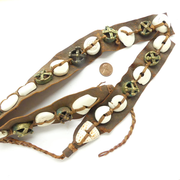 Dogon Belt, Vintage, Leather with Brass Crowns and Shells, 36" Long