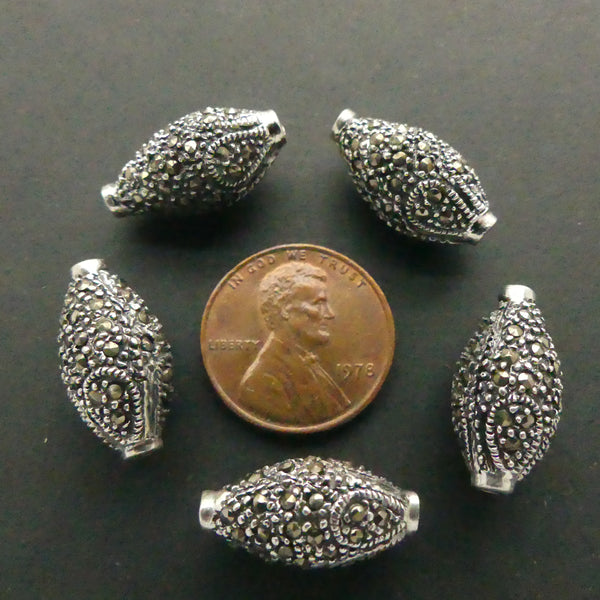 Bali, Sterling Silver and Marcasite Beads, Oval 18x10mm, Sold Individually