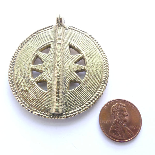 Brass, African Inspired Round Pendant with Star Design, 50mm diameter