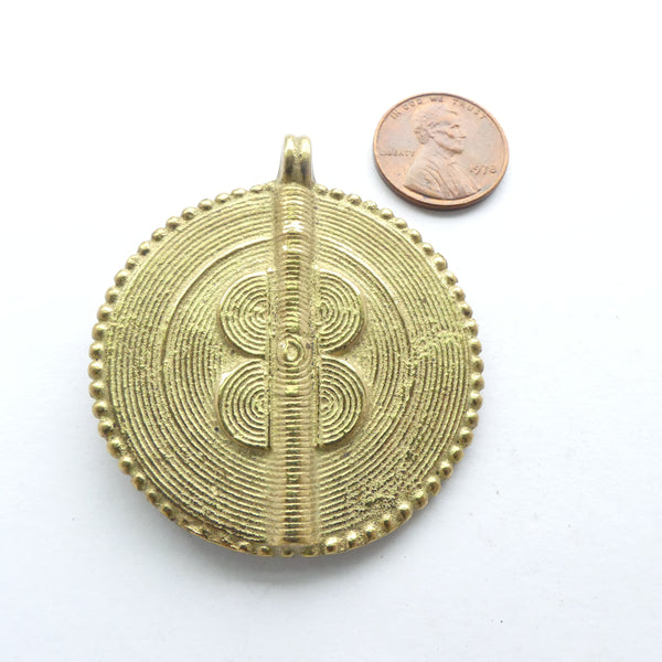 Brass, African Inspired Large Flat Round Pendant with Sun/Moon Design, 46mm Diameter