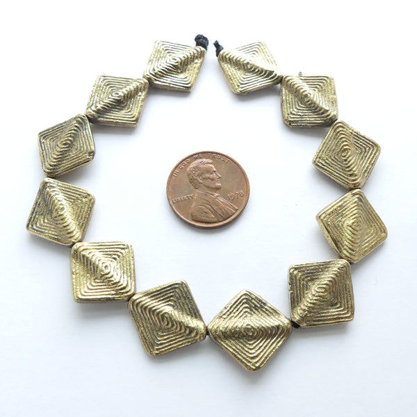 Brass, African Inspired Cast Diamond Shape Beads, 14x14mm, Strands of 12