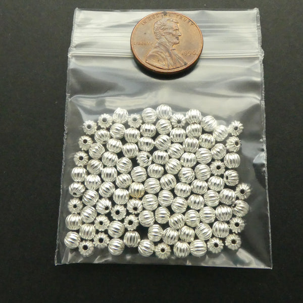 Silver-Plated Corrugated Beads, Round 4mm, Package of 100