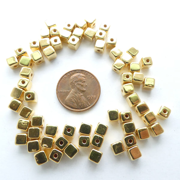 Gold-Plated, Cast Cube Beads, Pewter, 4mm, Set of 10