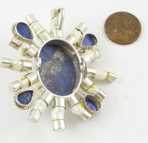 Lapis, Silver & Pearl Pendant by Indian Designer Rajinder Singh, 2.5 inches long