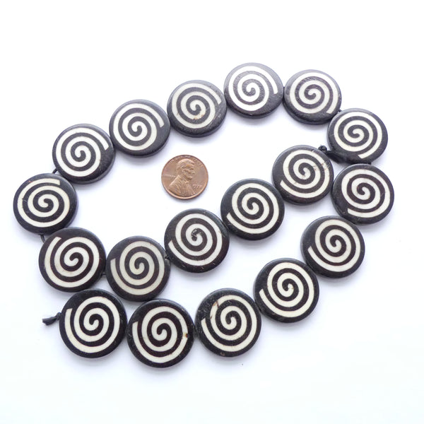 Bone, Dark Brown Coin-Shape Spiral Design, 25mm, Sold in Sets of 2
