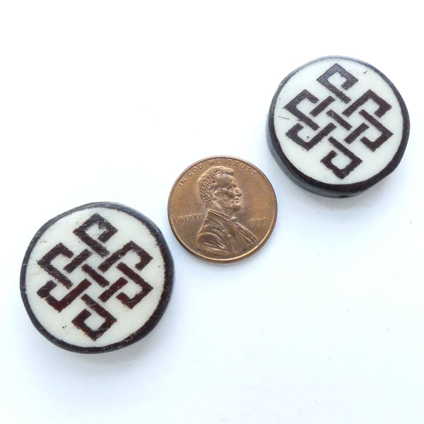Bone, Coin Shape Beads, Tibetan Knot Design, Brown on Cream, 25mm Diameter