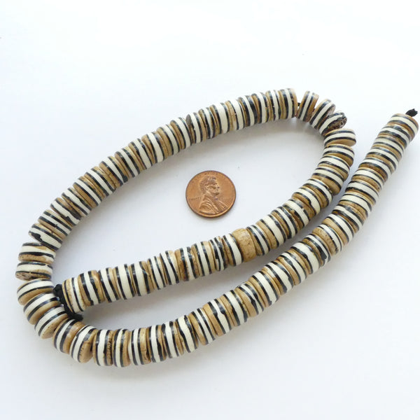 Batik Bone Slices, Beige, Black & White Stripe, 6x12mm on 17-inch Strands