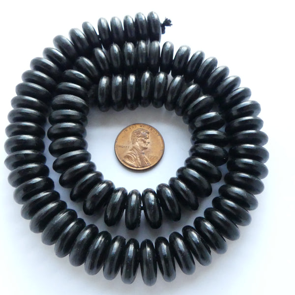 Horn Rondelles, Black Buffalo Horn, 5x14mm on 17-inch Strands