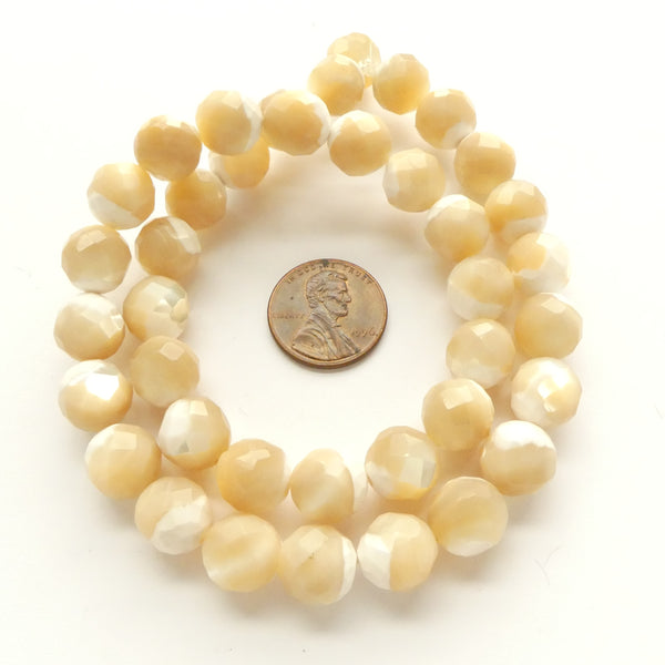 Mother of Pearl, Natural Beige, Faceted 10mm Round Beads on 16-inch Strand