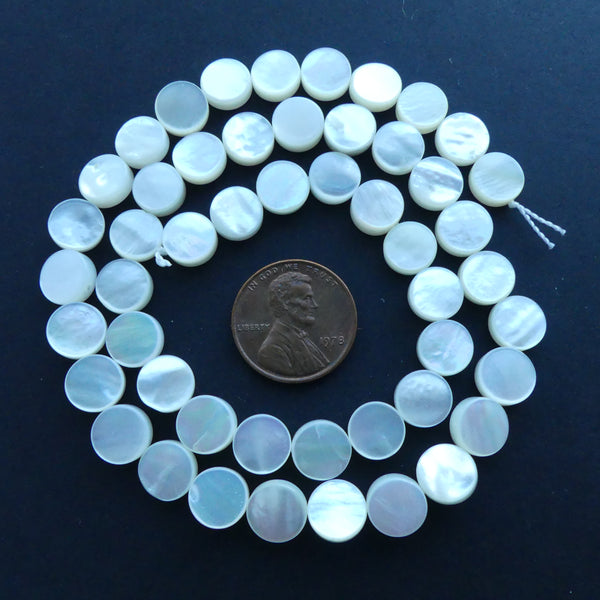 Shell, Mother of Pearl White High Luster Coins, 8mm Diameter on 16" Strands