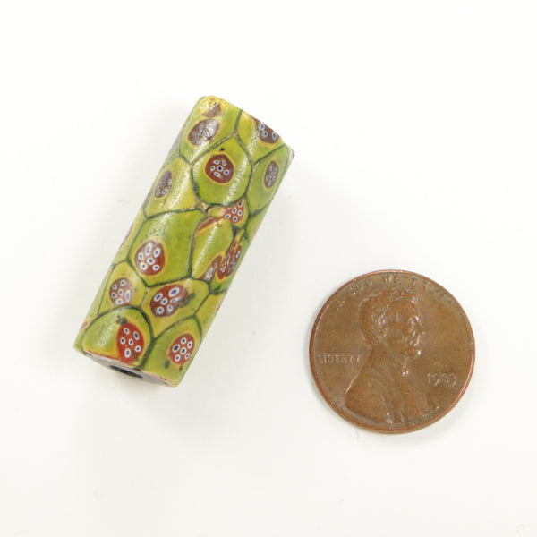 Millefiori Antique Venetian Trade Bead, Olive Color with Combo Technique, 33x13mm
