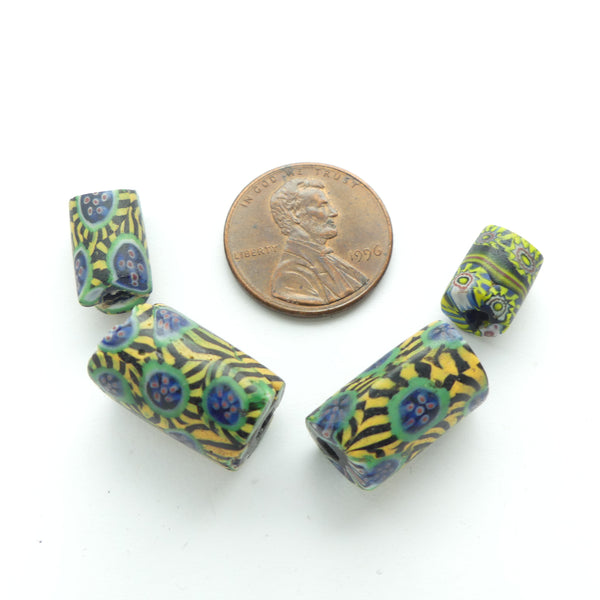 Millefiori Antique Venetian Trade Beads, Green & Blue w/ Black & Amber Stripes, Set of 4