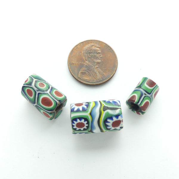 Millefiori Antique Venetian Trade Beads, Coordinating Set of 3 Beads, Red, White & Green