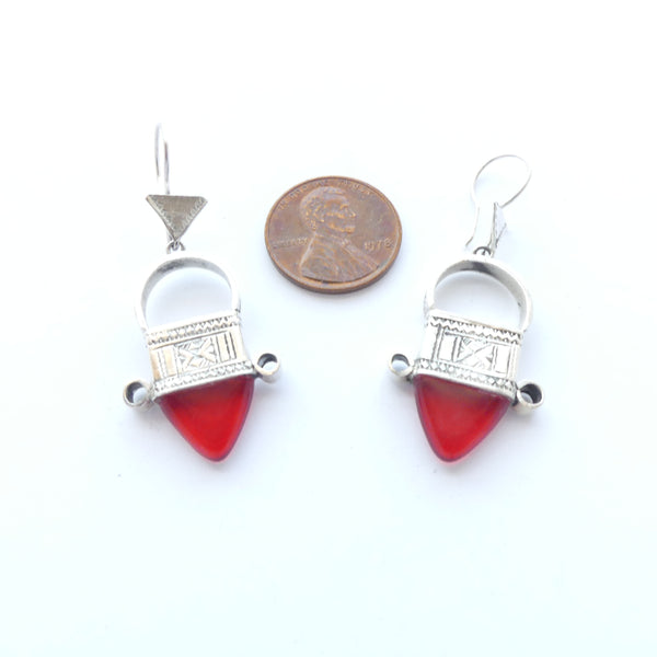 Tuareg Earrings, Silver with Red Glass