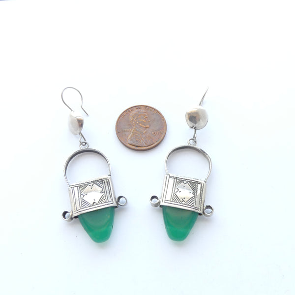 Tuareg Earrings, Silver with Green Glass