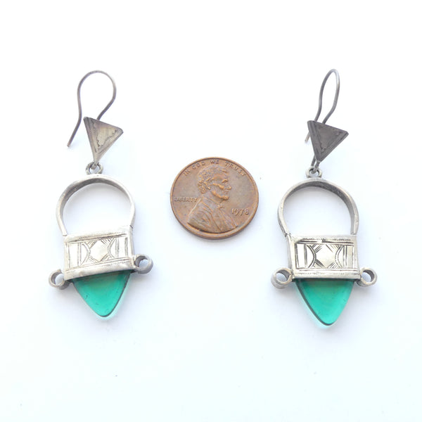 Tuareg Earrings, Silver with Green Glass