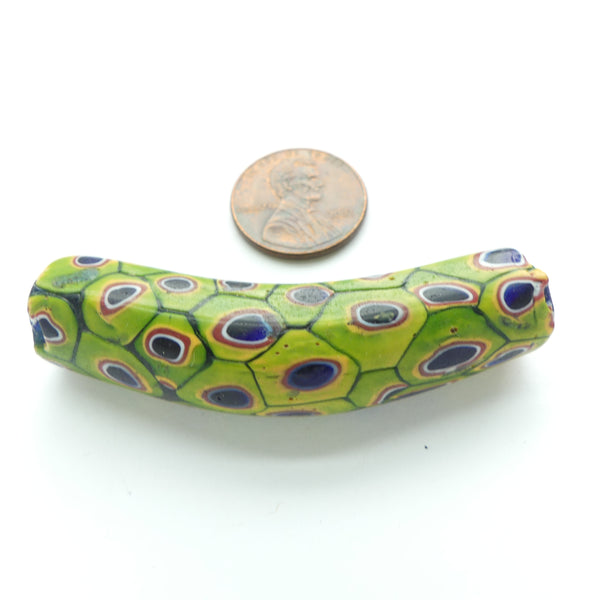 Millefioir, Antique Venetian Trade Bead, Elbow, Large Olive Green with Blue, 58x12mm