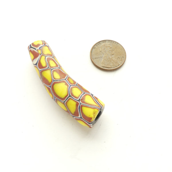 Millefiori Antique Venetian Trade Bead, Large Elbow, Yellow with Brick, 48mm long