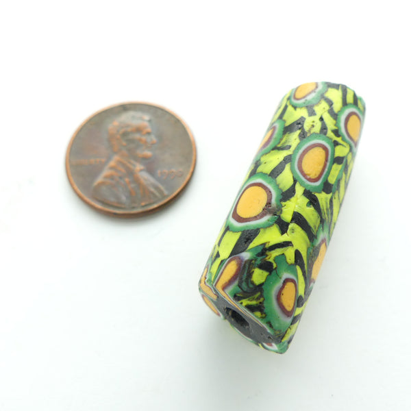 Millefiori Trade Bead, Rare Lime with Green, Amber & Black, 35x12mm