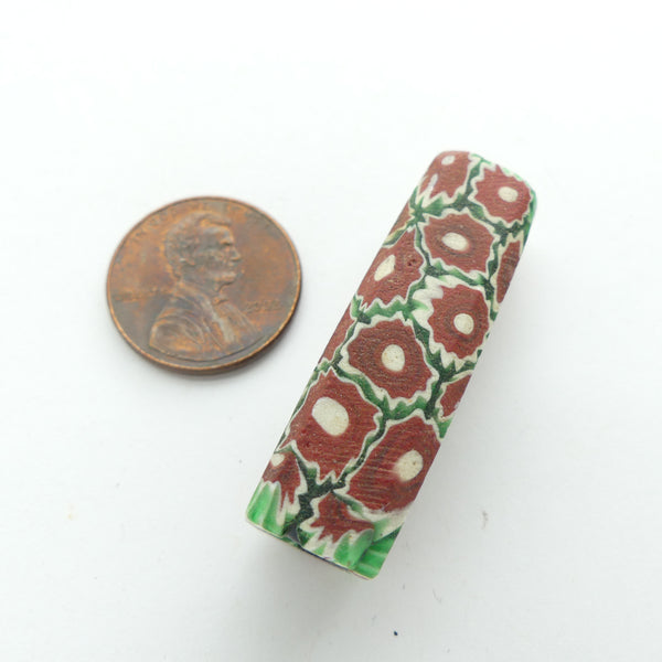 Millefiori, Antique Venetian Trade Bead, Brick, White, Green, Square Cross-Section, 38x11mm