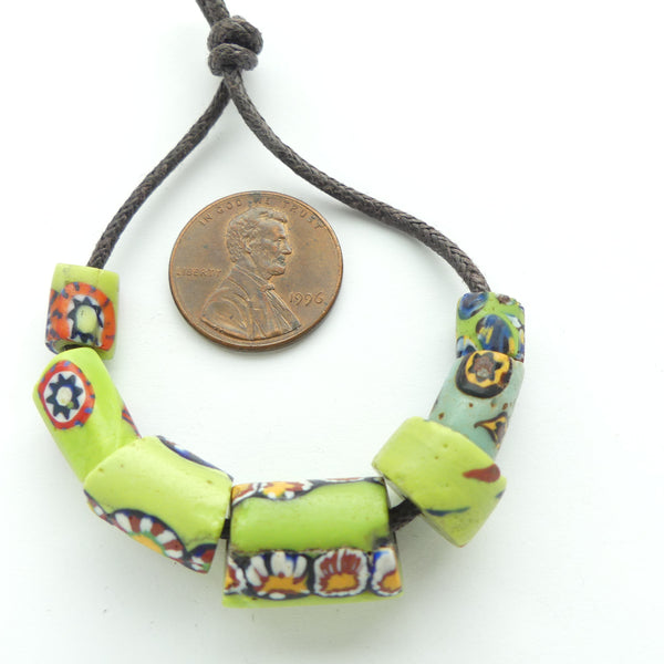 Millefiori Antique Venetian Trade Beads, Collector/Designer Set of 7 Rare Lime Color Beads