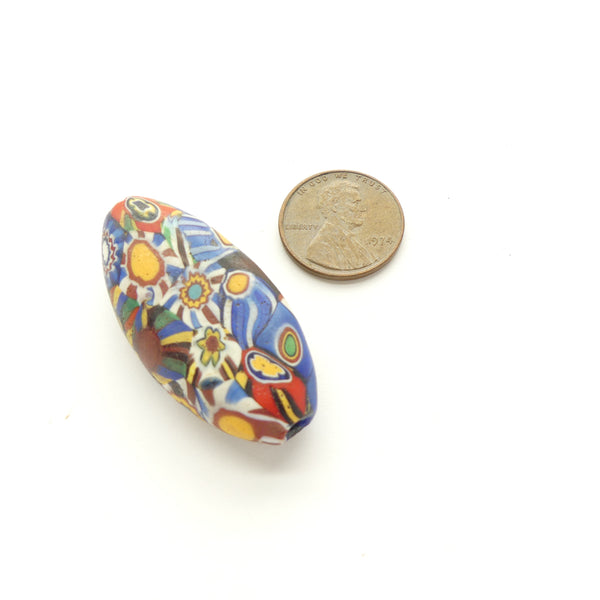 Millefiori Antique Venetian Trade Bead, Large Flat Oval with Multi-Color Designs, 41x20mm