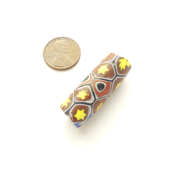Millefiori Antique Venetian Trade Beads, Two Murrini Pattern with Yellow Stars, 35x15mm