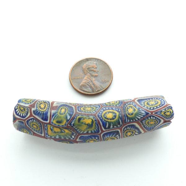 Millefiori Trade Bead, Elbow 55x13mm, Blue & Amber, Extremely Detailed Pattern