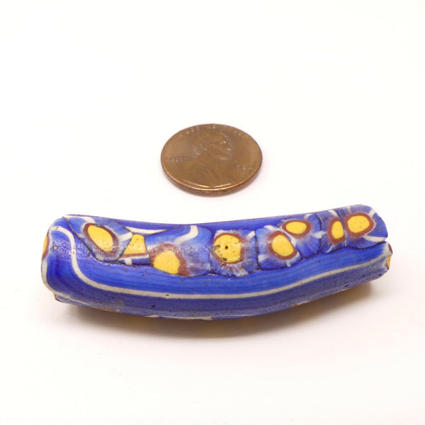 Millefiori Antique Trade Beads, Large Blue Elbow with Amber, 50x14mm