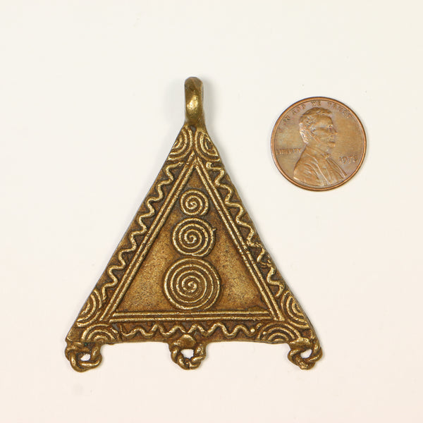 Brass, Lost Wax Cast in Ghana, Large Triangle with Spirals and 3 Loops at Bottom, 50x58mm