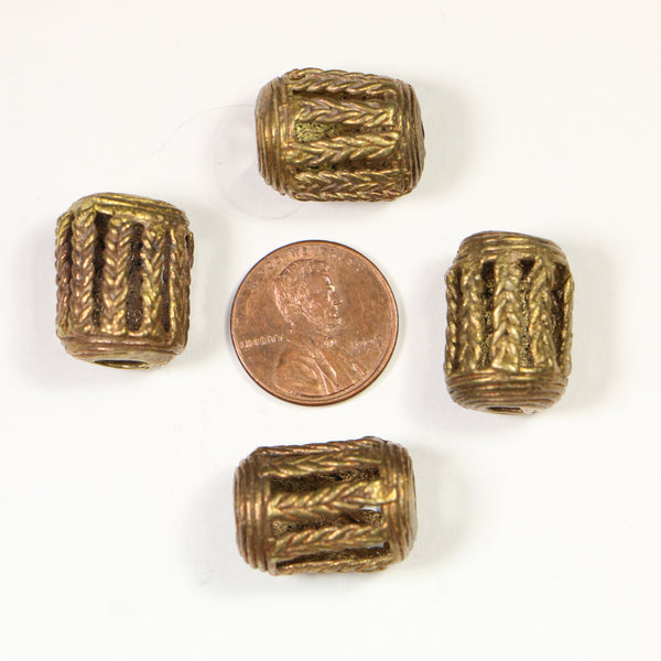 Brass. Lost Wax Cast Beads, Baoule, Barrel Shape 20x13mm, Set of 4