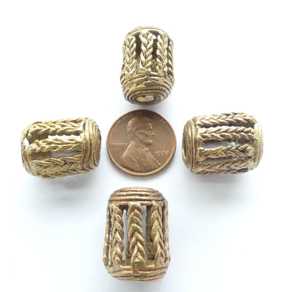 Brass. Lost Wax Cast Beads, Baoule, Barrel Shape 20x13mm, Set of 4