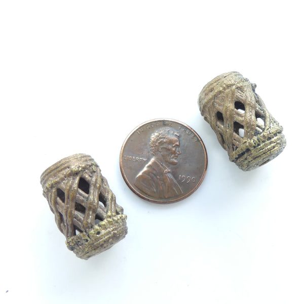 Brass, Lost Wax Cast, Vintage Baoule, Pair of Small Barrell Shapes, 20x11mm