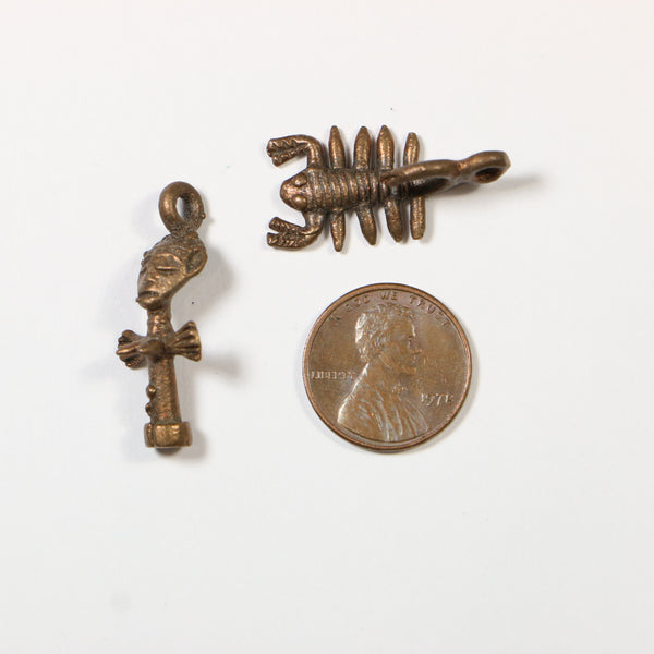 Brass, Lost Wax Cast Scorpion and Ashanti Doll Mini Pendants, Each 28mm Long, Set of 2