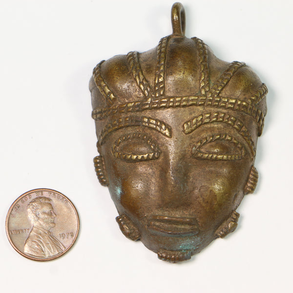 Brass. Lost Wax Cast Face Pendant from Ghana,  45x60mm