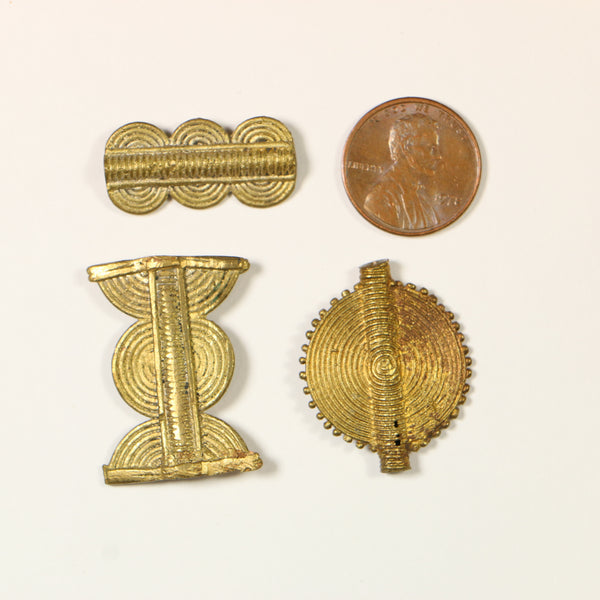 Brass, Lost Wax Cast Baoule Beads, Trio of Medium Size Shapes, Longest 30mm, Set of 3