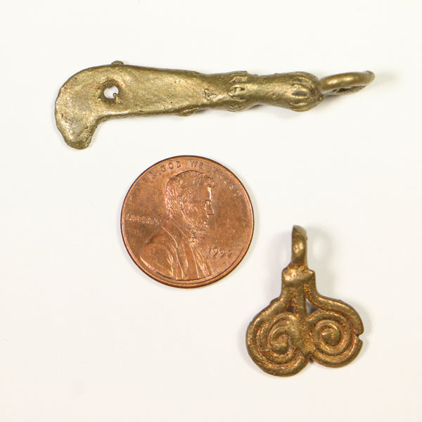Brass, Lost Wax Cast, Set of Two Pendants, Mini Sword & Double Sprial, Sold as Set of 2
