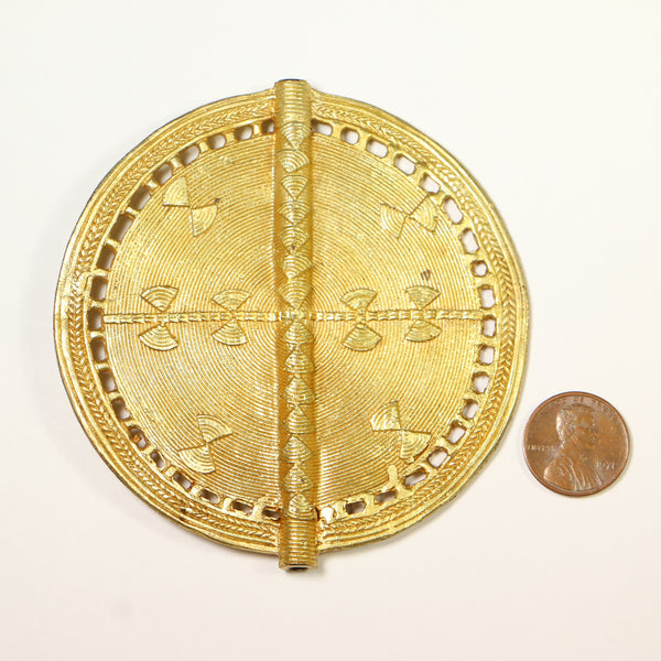 Brass. Gold Plated Lost Wax Cast Circle Pendant with 2 Fish, 3.5 inches Diameter