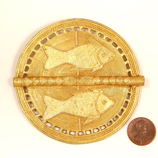 Brass. Gold Plated Lost Wax Cast Circle Pendant with 2 Fish, 3.5 inches Diameter
