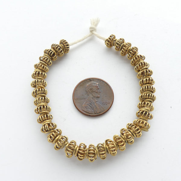 Brass, Gold Plated, Coil Beads From Ghana, Short 6-inch Strand