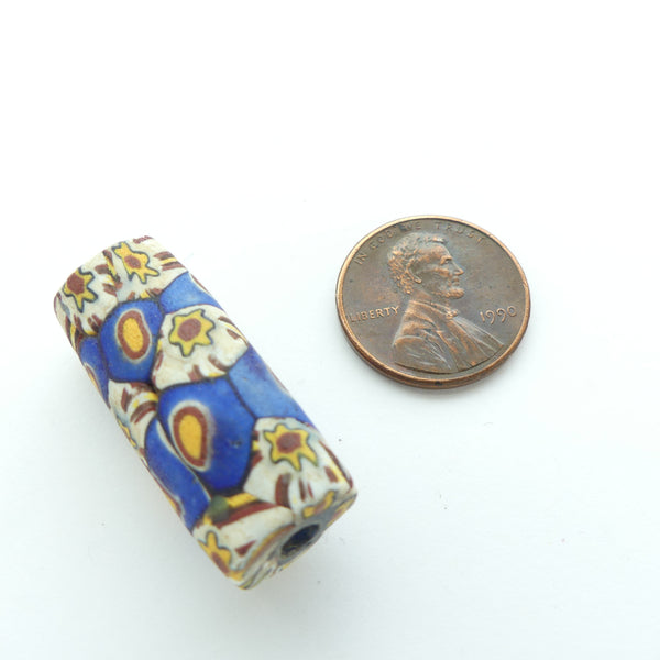 Millefiori Antique Trade Bead with Two Patterns White Stars and Blue Circles, 31x12mm