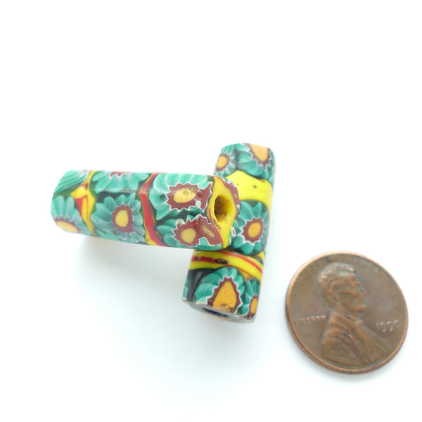 Millefiori Antique Trade Beads, Yellow & Red with Green Chevron Murrine, 27x10mm, Set of 2