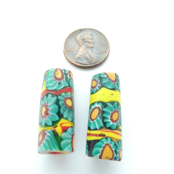 Millefiori Antique Trade Beads, Yellow & Red with Green Chevron Murrine, 27x10mm, Set of 2