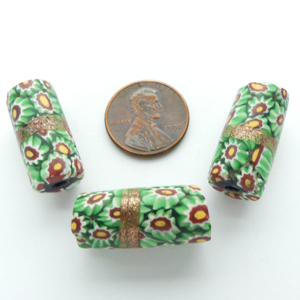 Millefiori Antique Venetian Trade Beads, Green Chevrons with a Belt of Goldstone, 23x10mm