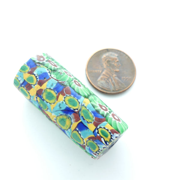 Millefiori Antique Trade Bead, Large with a Green Chevrons & Multicolor Flowers, 34x15mm