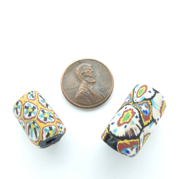 Millefiori Antique Trade Beads, Rare Bundled Cane Designs with White, Set of 2