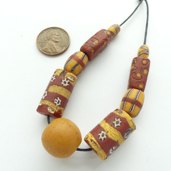 Lampwork, Antique Venetian Trade Beads, Amber & Brown, Set of 9