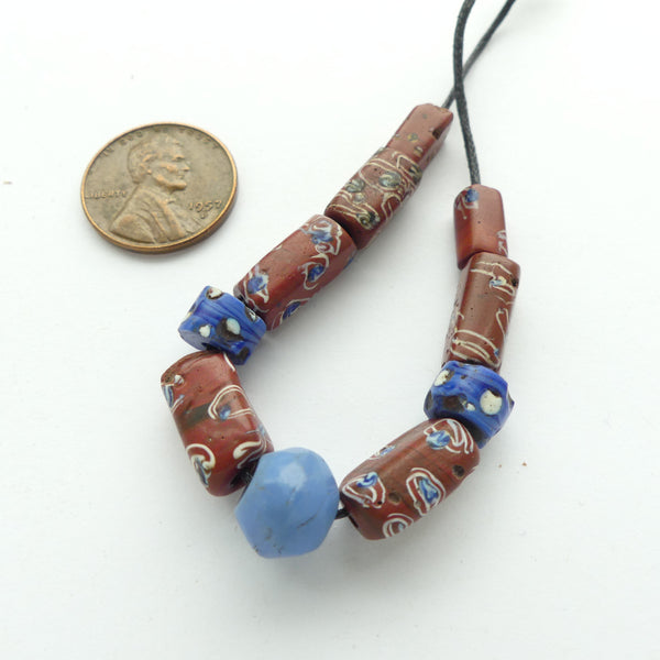 Lampwork, Antique Venetian, Mni Brown & Blue Beads, Set of 9